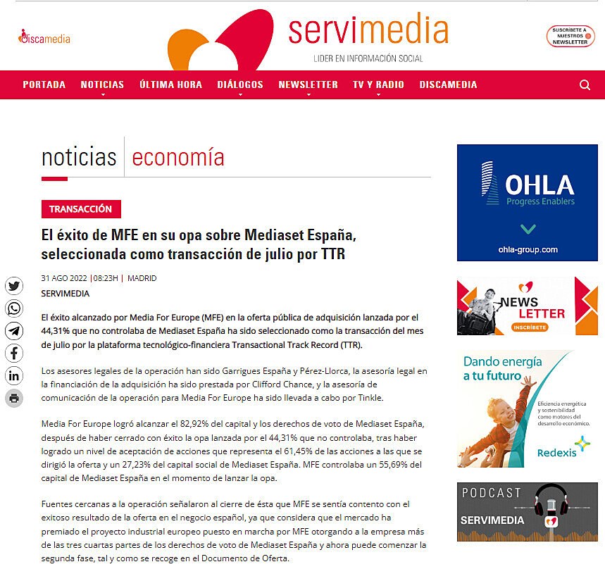 El xito de MFE en su opa sobre Mediaset Espaa, seleccionada como transaccin de julio por TTR